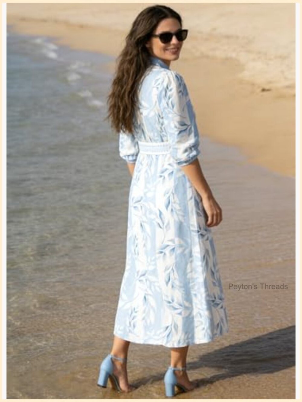 Women Summer Boho Maxi Dress Long Sleeve Button Down Tie Waist with Pocket - Picture 5 of 6